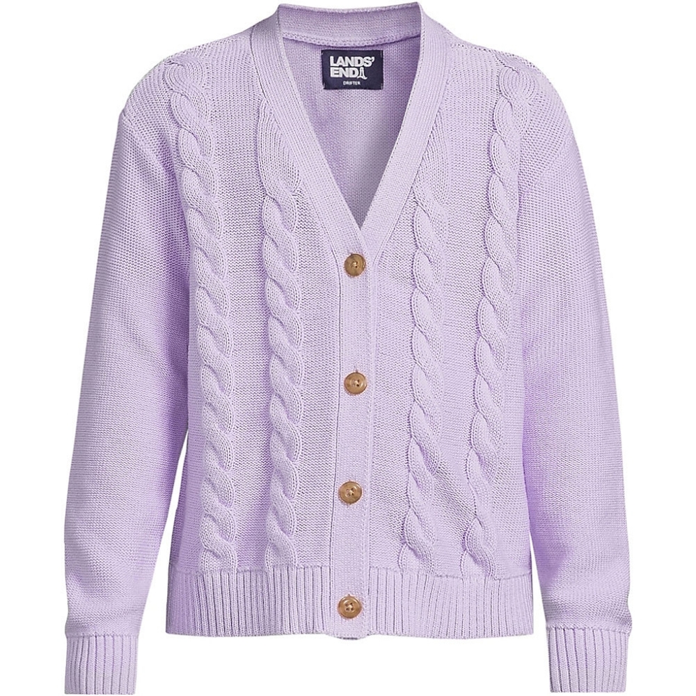 Lands End Kids button front cable cardigan, large (10-12) lavender cloud